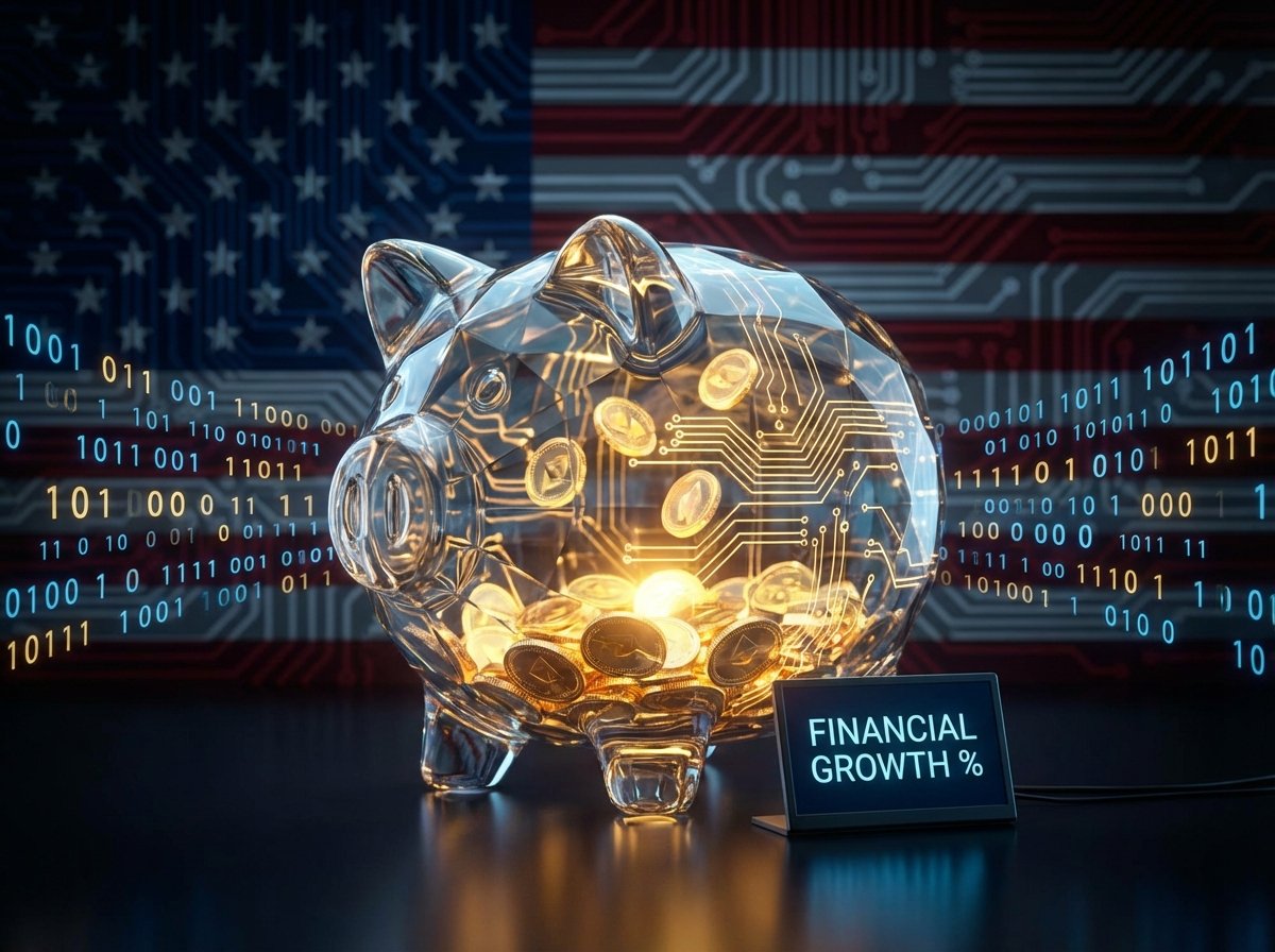 A conceptual image of a futuristic digital piggy bank with a soft golden glow, surrounded by floating binary codes and a subtle US flag motif in the background, symbolizing financial growth and technology, high contrast, clean layout. 4:3