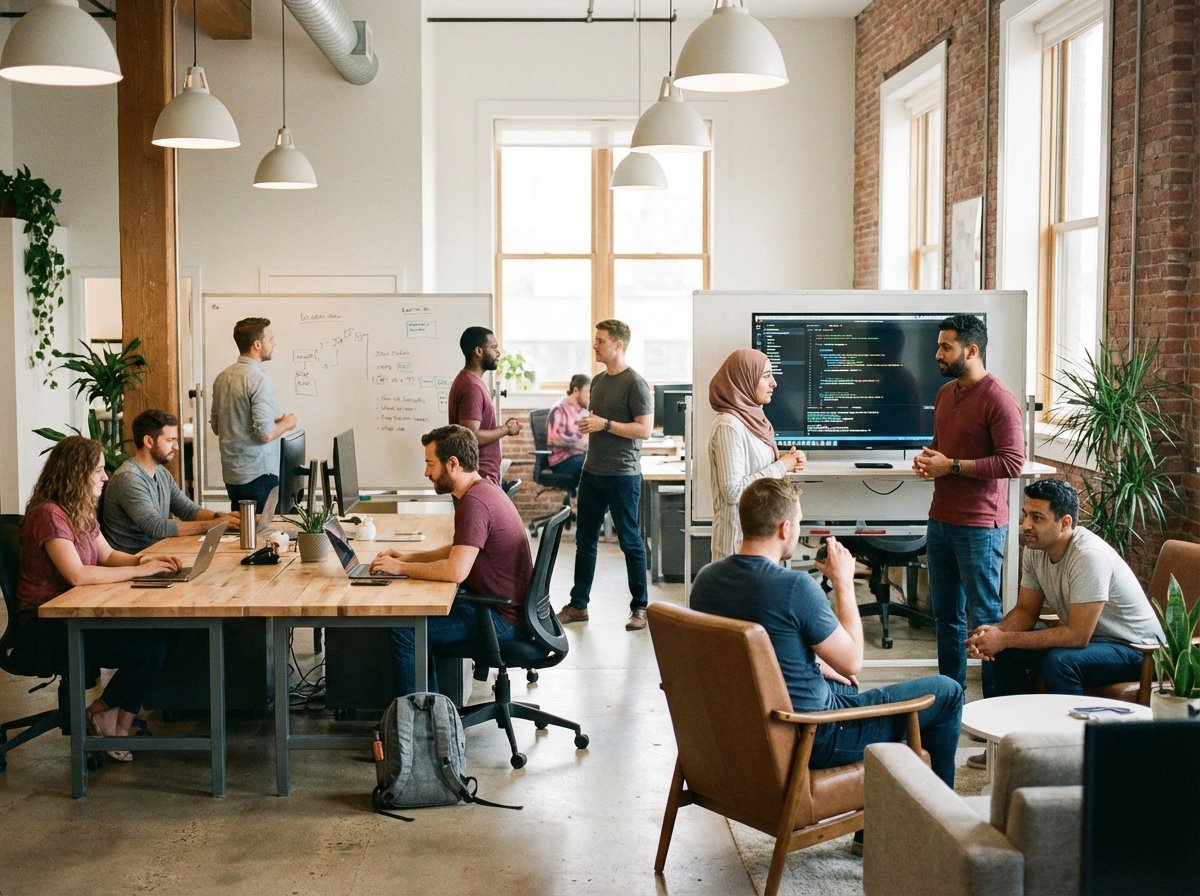 Professional tech environment with diverse employees collaborating in a modern open-plan office, soft warm lighting, focused and productive atmosphere, high-quality lifestyle photography. 4:3