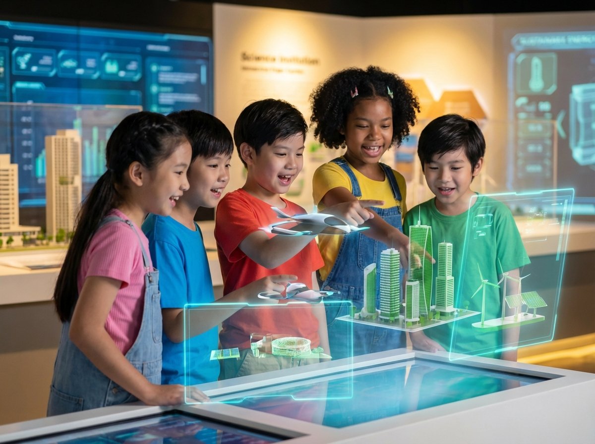 A group of diverse children looking at advanced high-tech holographic displays showing futuristic city designs, symbolizing the next generation of innovators, vibrant colors, detailed composition. 4:3