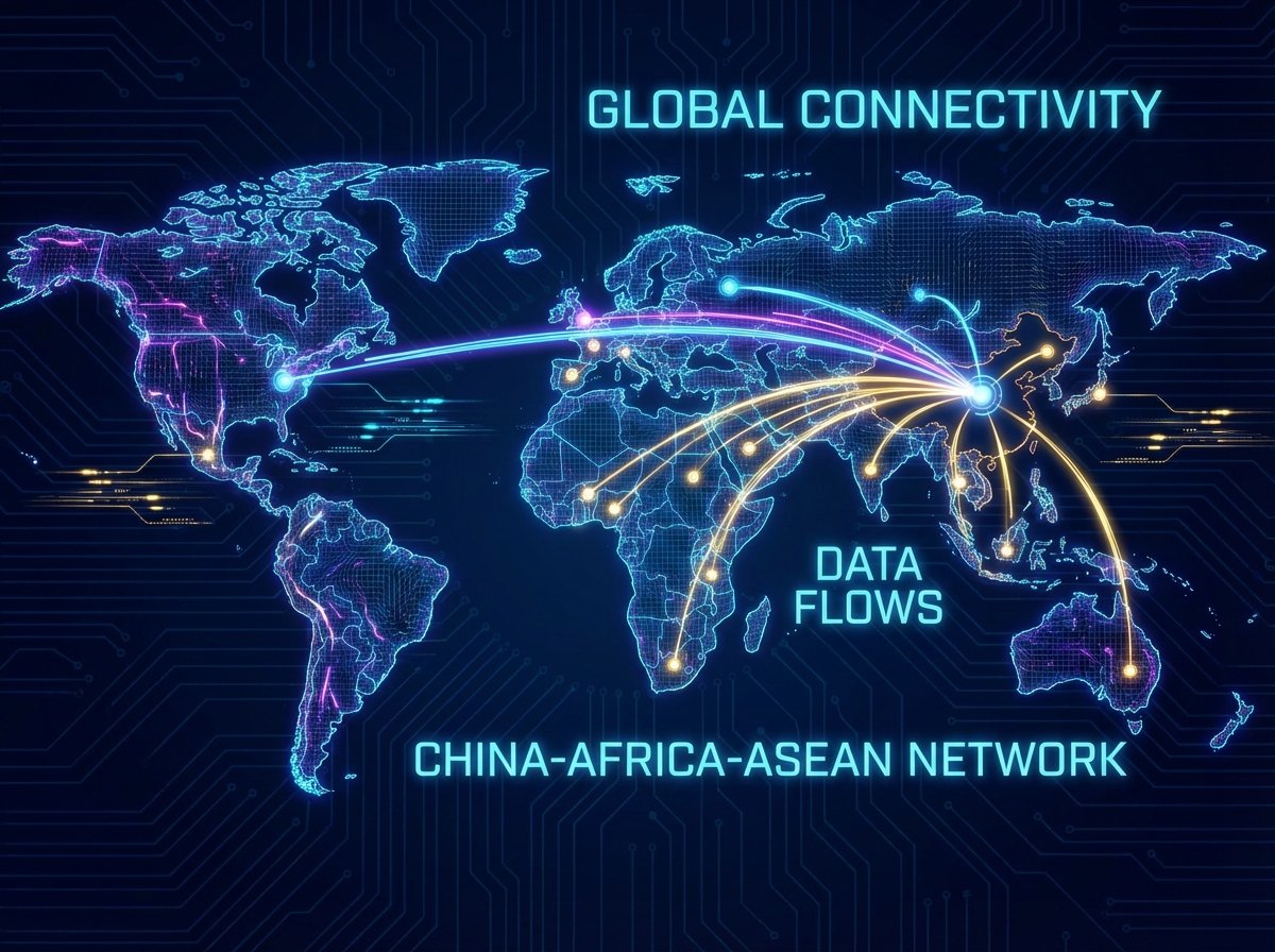 A stylized world map with glowing data lines connecting China to Africa and Southeast Asia, digital connectivity concept, dark blue background with neon accents, 4:3