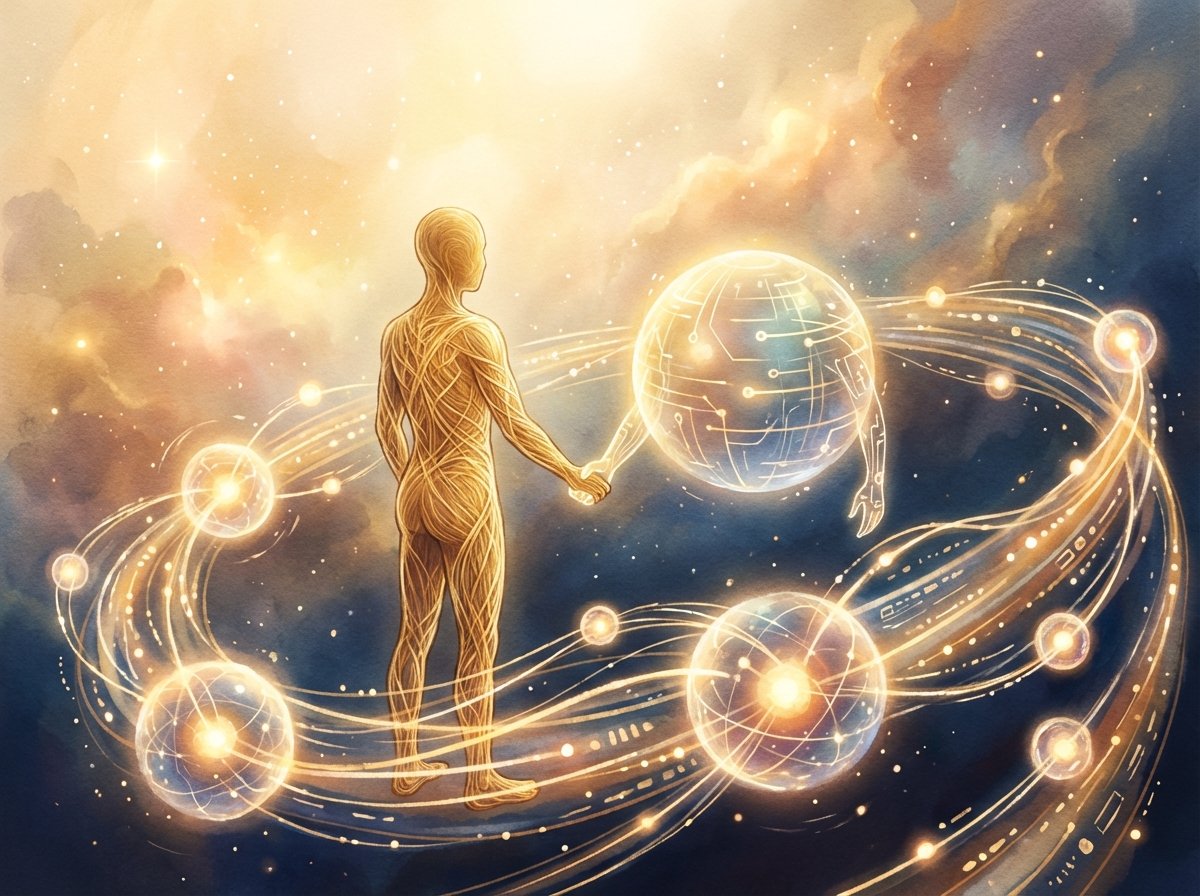 An artistic illustration representing the harmony between human intelligence and artificial intelligence, soft glowing spheres and flowing digital lines, warm and hopeful atmosphere, 4:3
