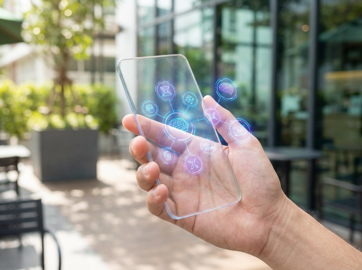 A person holding a sleek futuristic smartphone showing advanced AI interface with glowing holographic icons, natural hand grip, bright setting, no text, 4:3