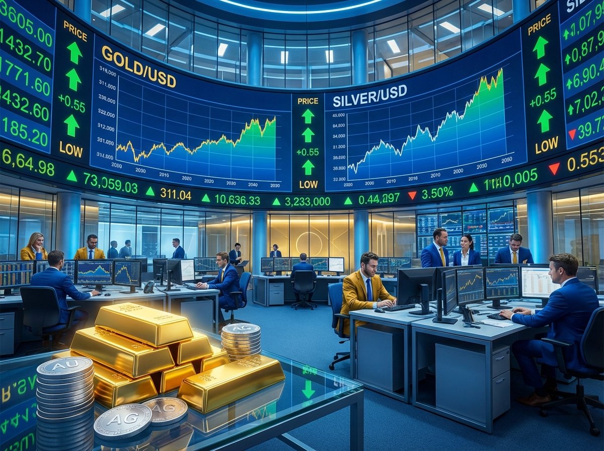 A high-tech financial trading floor with large digital screens displaying rapidly rising gold and silver price charts. In the foreground, glowing gold bars and silver coins are artfully arranged on a glass table. The atmosphere is professional and high-stakes with a modern blue and gold color palette. 4:3