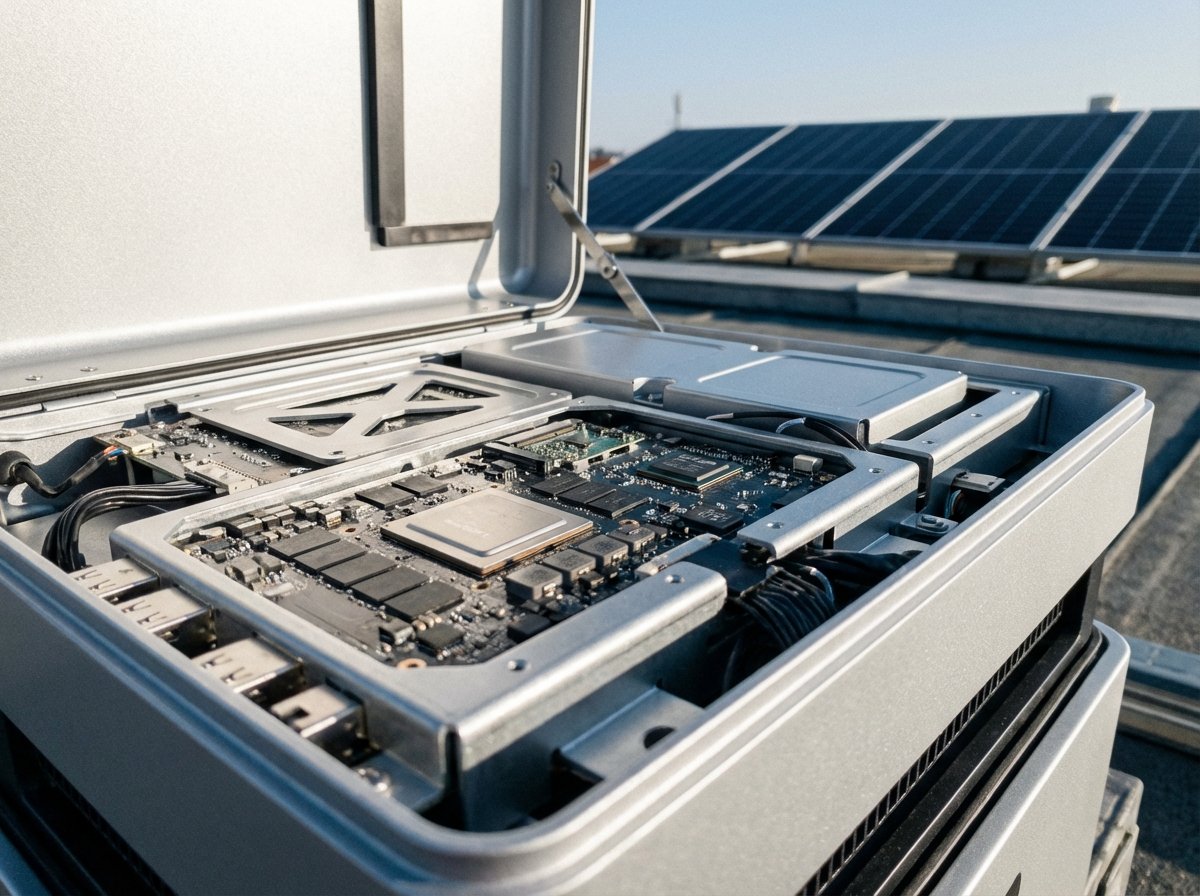 A close-up, high-quality photograph showing the intricate silver internal components of a modern electronic device and high-efficiency solar panels in the background. The lighting is crisp, highlighting the metallic texture of the silver. 4:3
