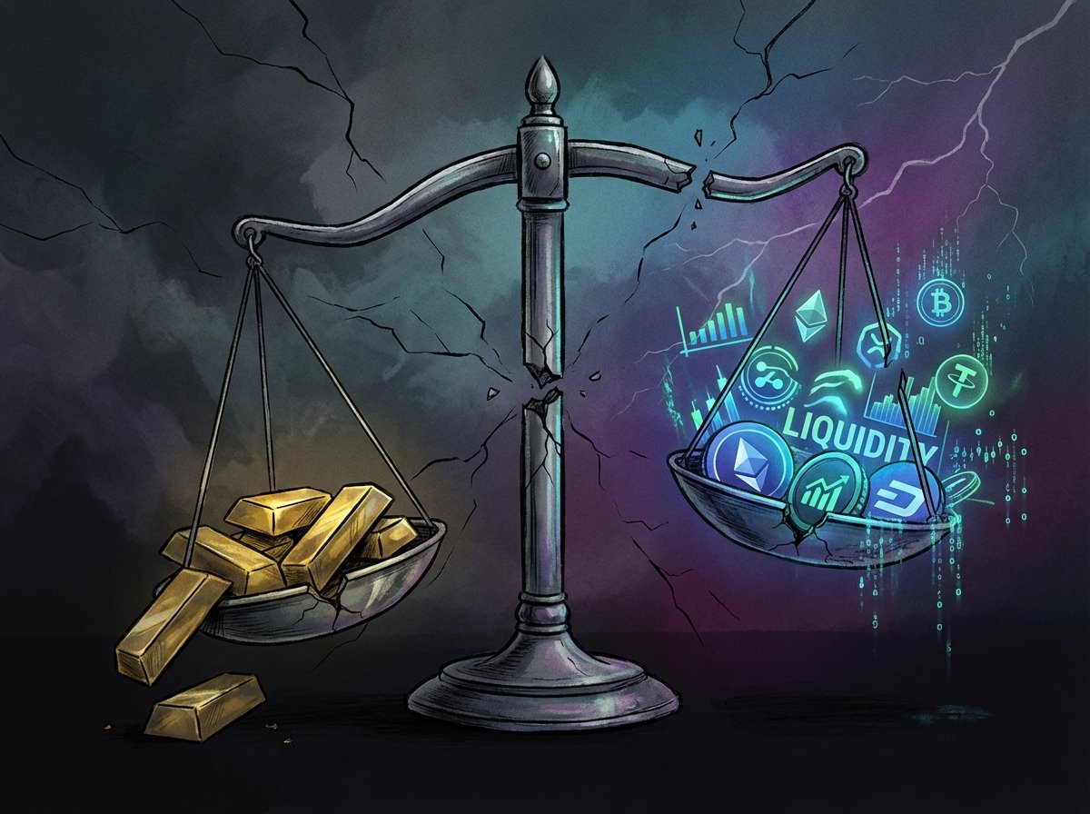 An artistic illustration of a classical balance scale that is cracked and broken. On one side are solid gold bars, and on the other are glowing digital symbols representing speculative liquidity. The background is a moody, dark gradient that emphasizes the "broken market" theme. 4:3