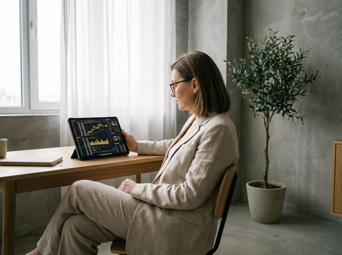 A professional individual sitting in a minimalist, modern home office, looking intently at a tablet screen displaying complex gold price charts and economic indicators. Soft natural light flows through a window, creating a calm and focused atmosphere. 4:3