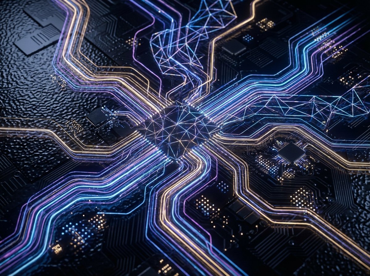 Abstract representation of digital connectivity and data flow using glowing light trails on a dark textured background, elegant and sophisticated composition, 4:3