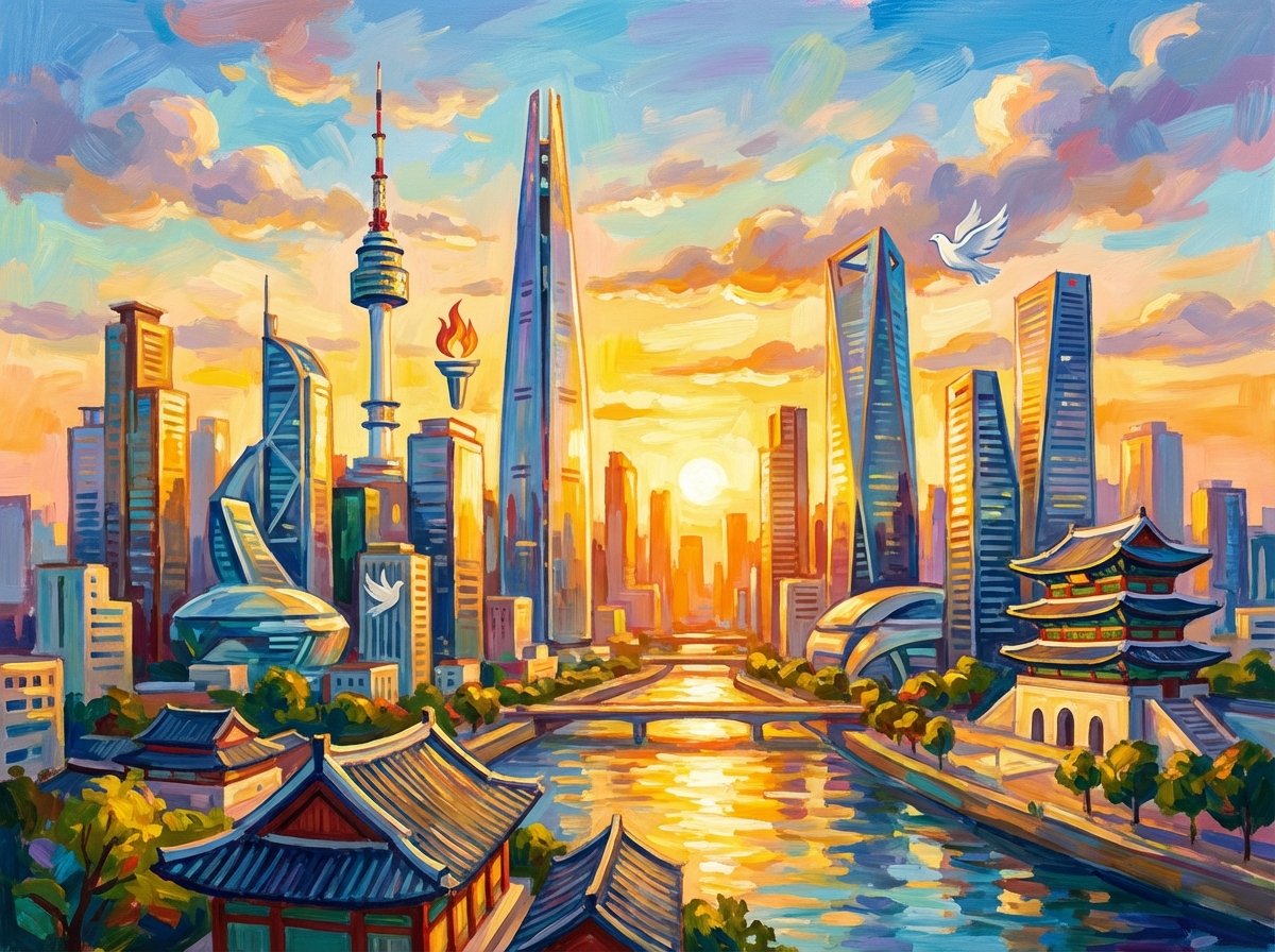 A vibrant artistic rendering of a modern South Korean city skyline at sunset, symbolic of progress and democracy, warm and golden lighting, detailed composition, no text, 4:3