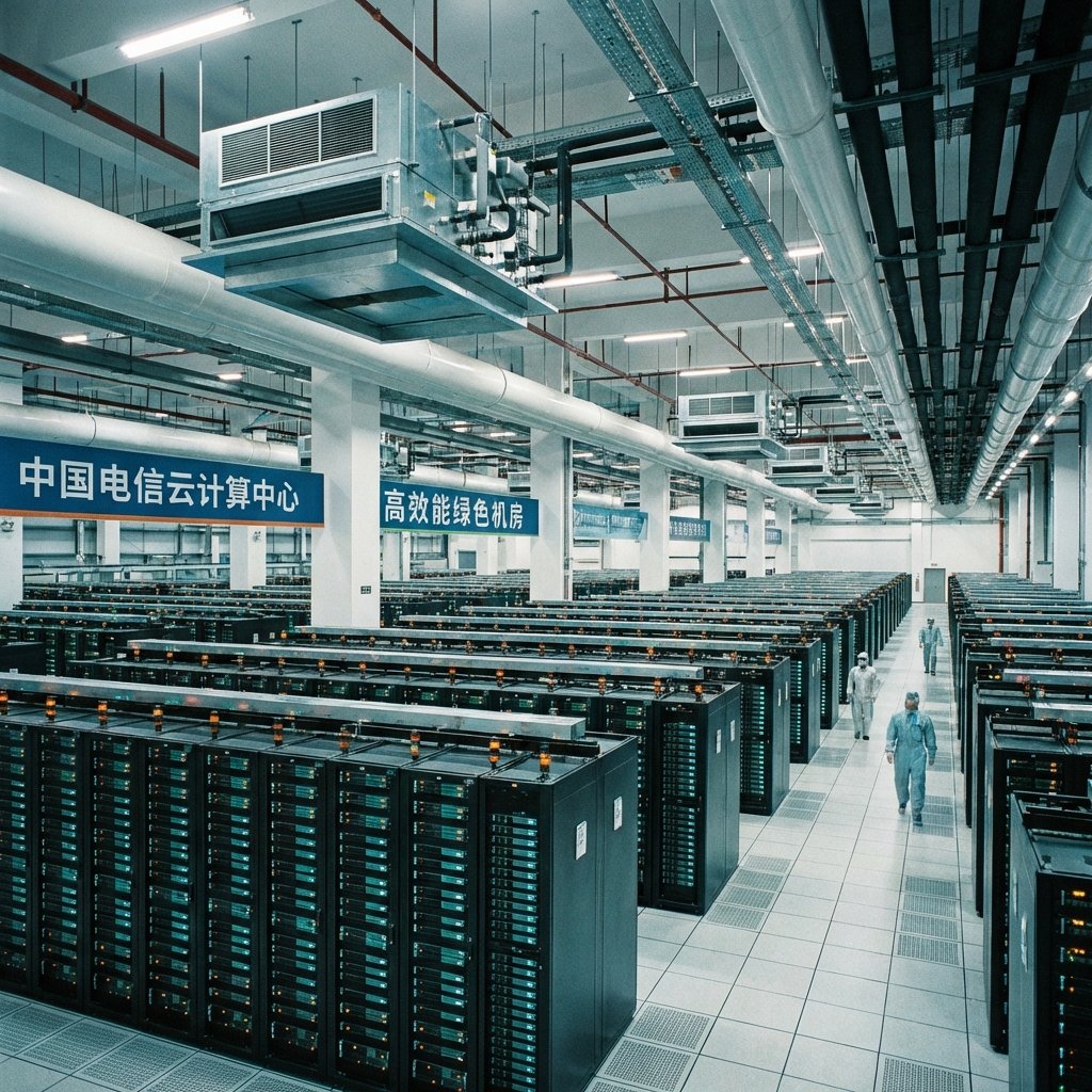 대규모 데이터 센터 내부의 화려한 서버 랙 풍경