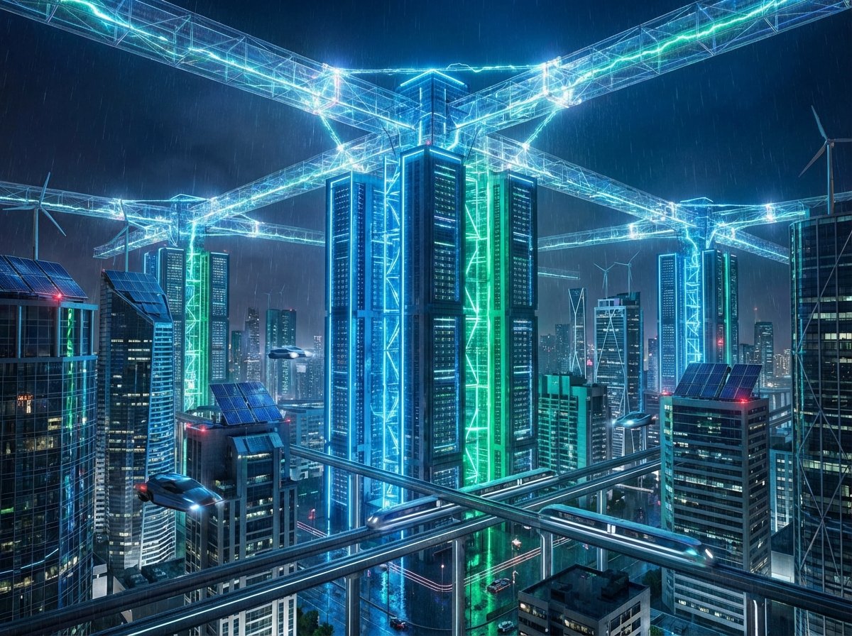 현대적인 전력망과 데이터 센터가 공존하는 도시 야경