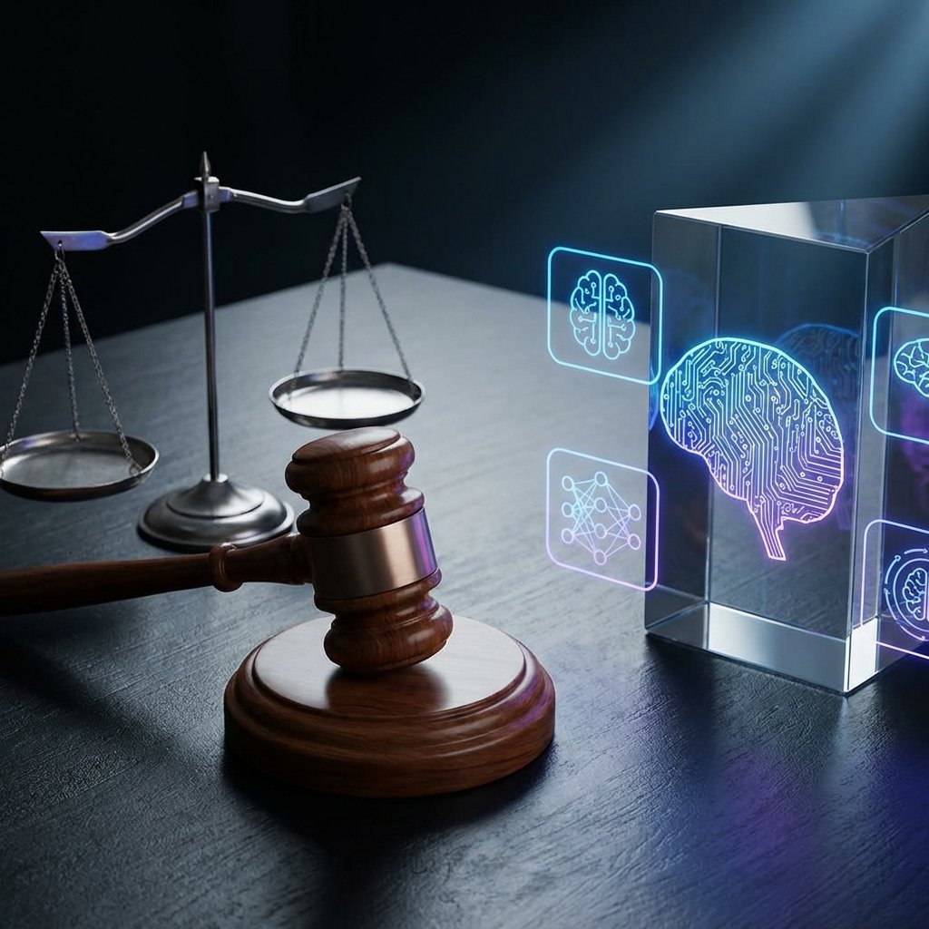 글로벌 규제와 법적 쟁점을 상징하는 정의의 저울과 기술 아이콘