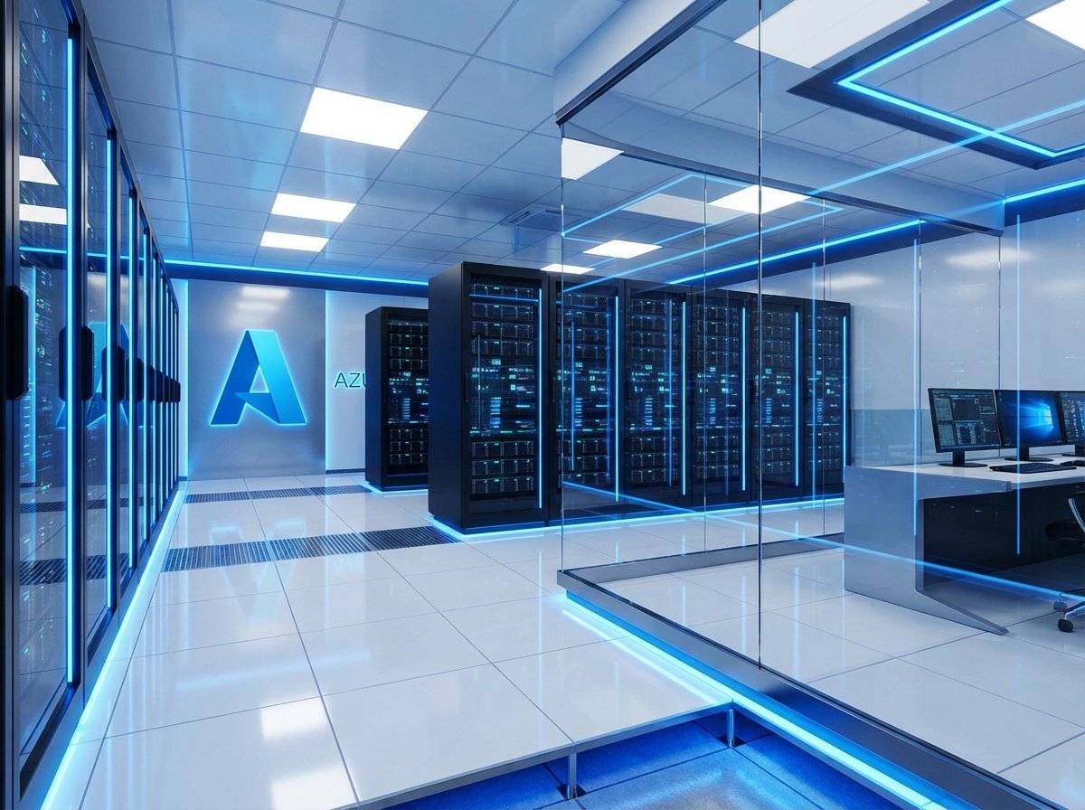 High-tech modern data center with glowing blue lights on server racks, representing cloud computing infrastructure and Azure technology, clean and professional atmosphere, 4:3