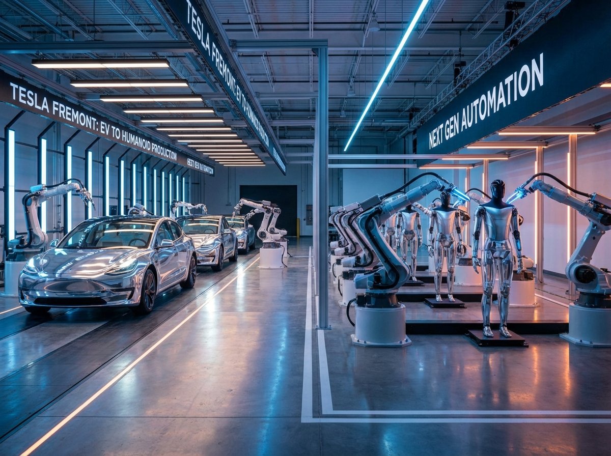 A futuristic view of the Tesla Fremont factory production line, transitioning from high-end electric cars to humanoid robots, clean industrial setting, robotic arms, high-tech atmosphere, cinematic lighting, 4:3