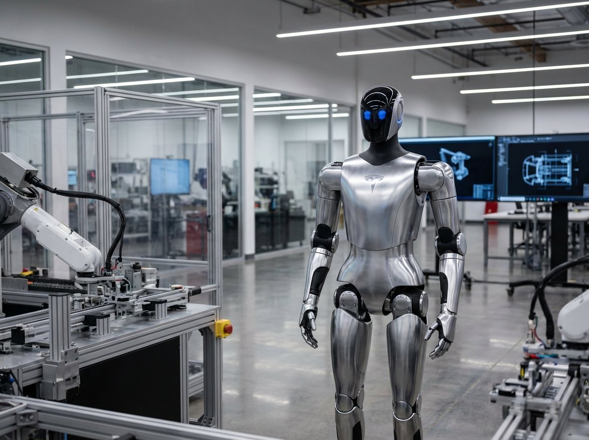 테슬라 공장에서 작업 중인 옵티머스 휴머노이드 로봇