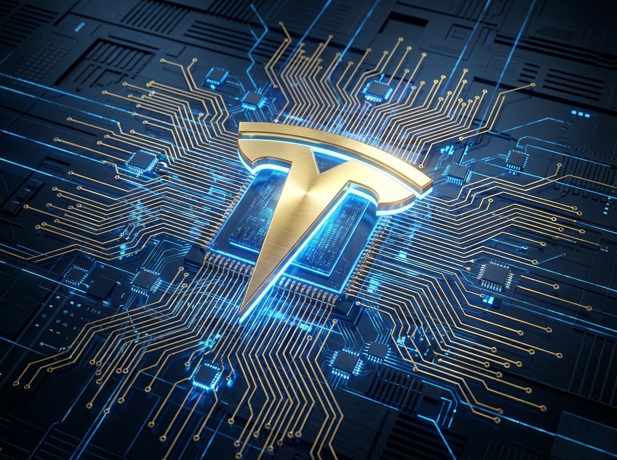 A digital artwork showing the Tesla logo integrated into a complex golden neural network circuit board, glowing blue light accents, professional 3D render, 4:3