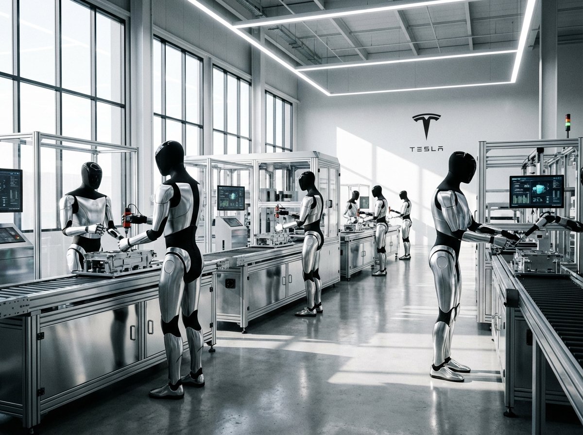 A group of Tesla Optimus robots working efficiently along a bright, futuristic automated assembly line, clean industrial design, high contrast, 4:3