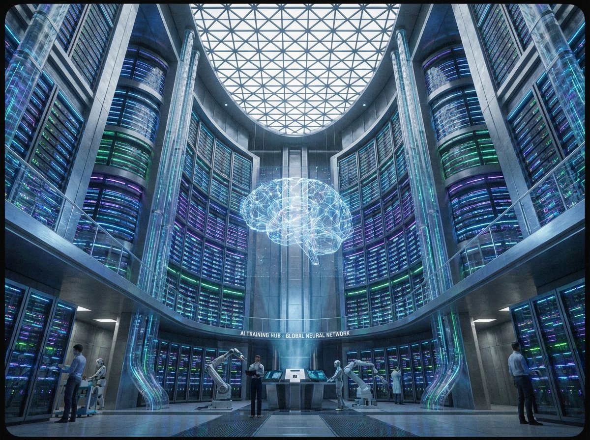 A massive high-tech server room with glowing lights, representing a large scale AI training center, futuristic architecture, wide angle shot, 4:3