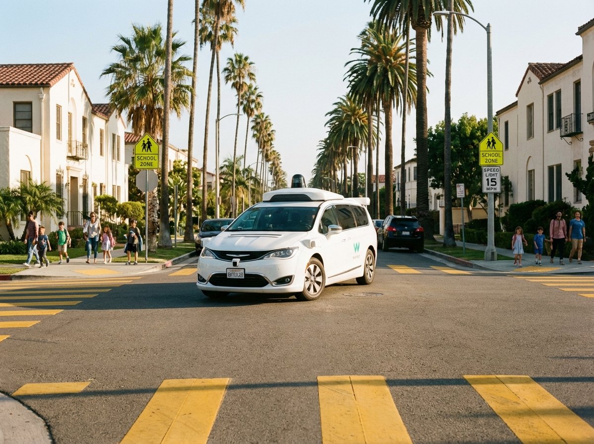 A white Waymo driverless electric SUV with various sensors on the roof driving slowly through a sunny school zone with yellow crosswalks in Santa Monica California. Realistic photography style with no text on the car. 4:3