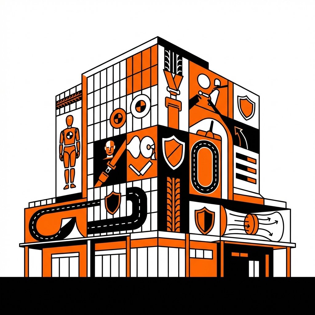 A clean modern graphic representation of a government vehicle safety investigation agency office building with a focus on safety testing and regulatory symbols. High contrast and professional layout. No text. 1:1