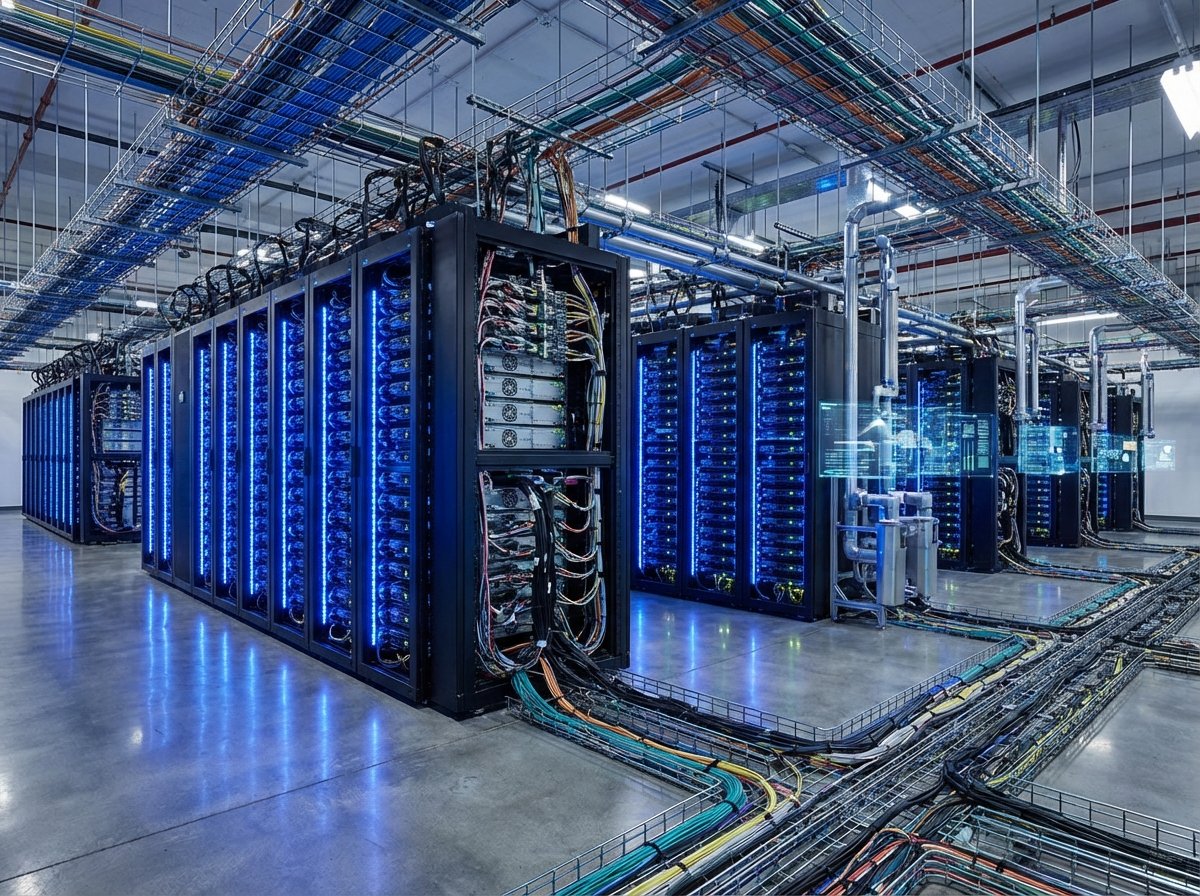 인공지능 데이터센터 내부에 가득한 서버 랙과 블루 조명
