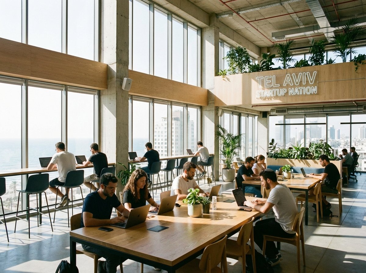 A modern startup office interior in Tel Aviv with engineers working on laptops, large windows showing the city skyline, clean and bright architectural design, natural sunlight, 4:3
