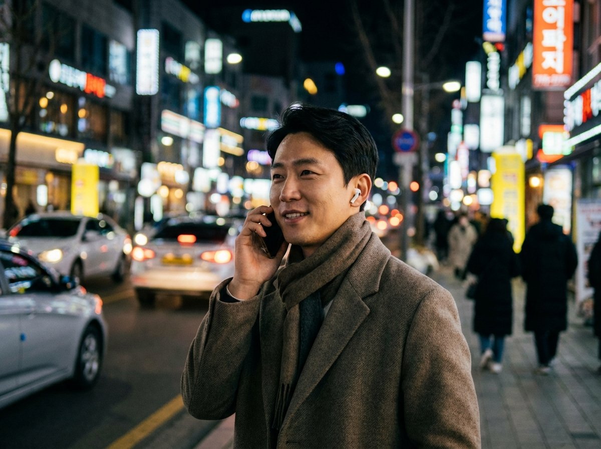 A Korean man wearing AirPods Pro walking on a busy city street, talking on the phone with a calm expression, background blurred with city lights, high-quality photography, 4:3