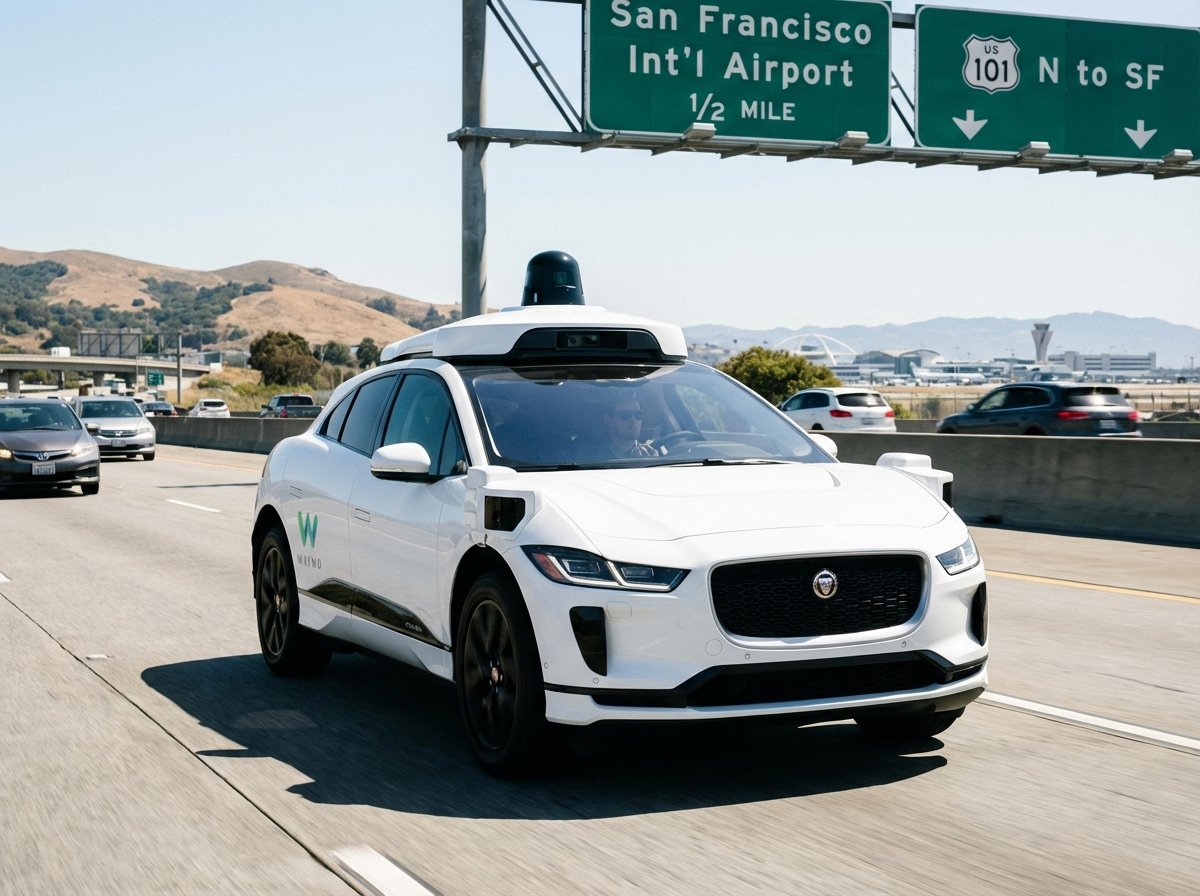 A white Waymo autonomous SUV driving on a highway with road signs pointing toward San Francisco International Airport, bright daylight, futuristic transportation, high quality, 4:3