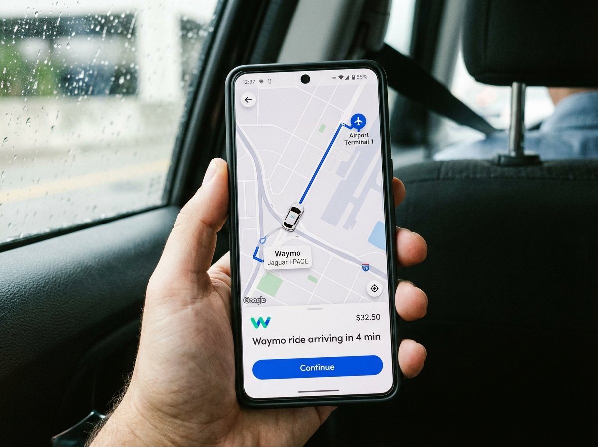 A close up of a hand holding a modern smartphone showing a ride hailing map with a Waymo vehicle icon moving toward an airport terminal, realistic lighting, 4:3