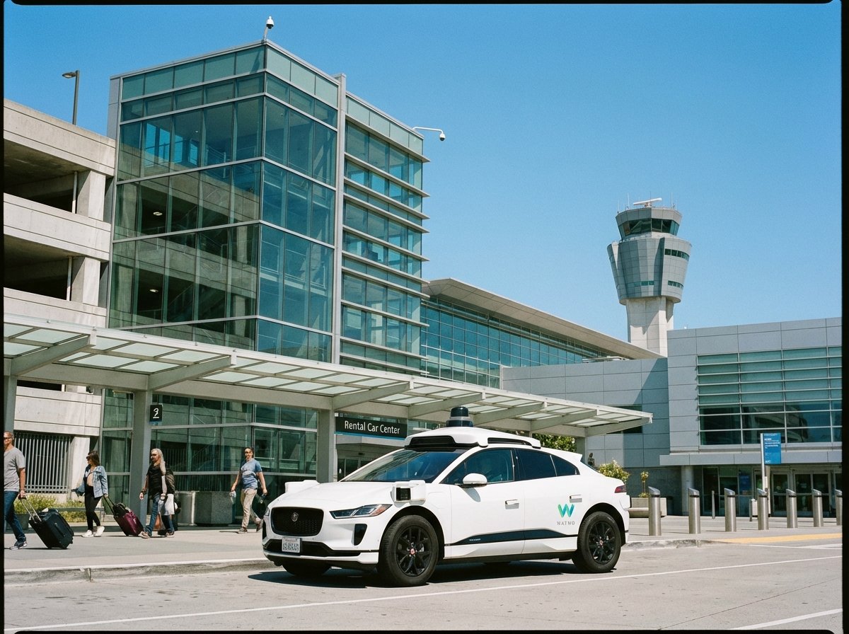 A Waymo self driving car parked at the San Francisco International Airport Rental Car Center, clear blue sky, modern airport architecture in background, 4:3