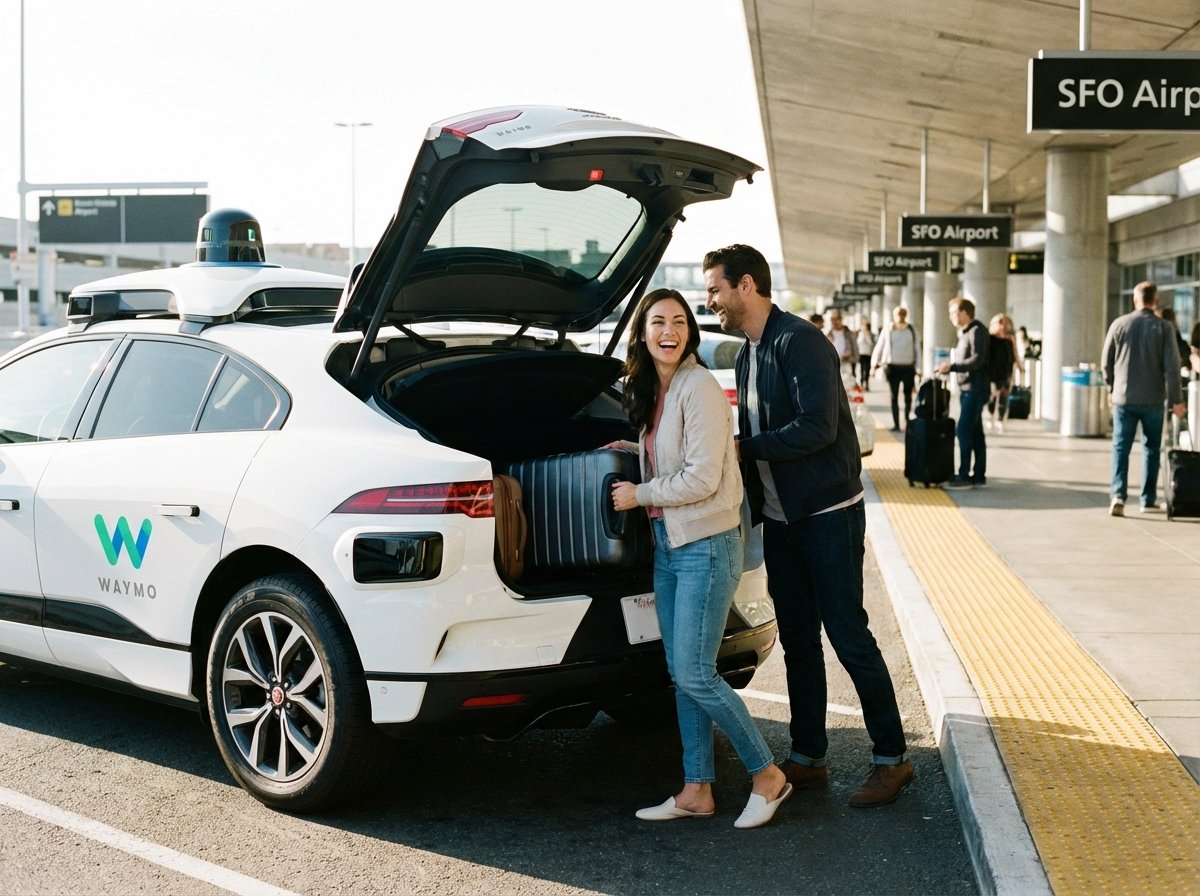 Travelers putting suitcases into the trunk of a Waymo self driving car at an airport pickup zone, lifestyle photography, natural morning light, 4:3