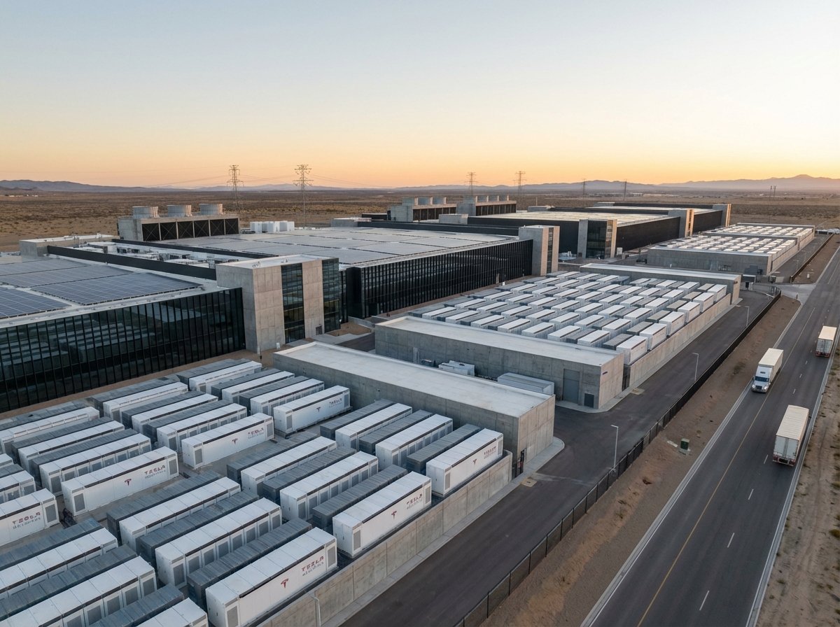 Exterior view of a massive modern AI data center with Tesla Megapack units integrated into the power infrastructure, sleek industrial design, 4:3