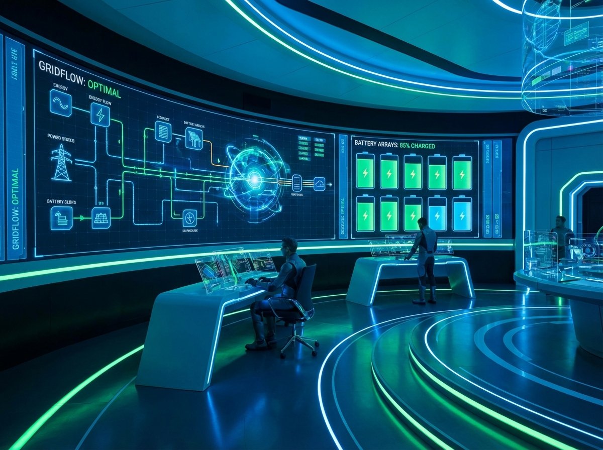 A high-tech control room with digital screens showing energy flow and battery status, glowing blue and green lights, futuristic atmosphere, 4:3