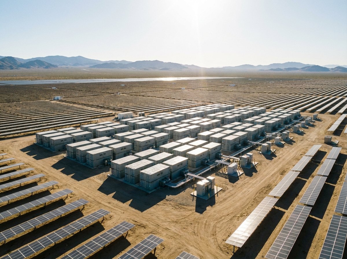 Large scale battery storage facility integrated with solar panels in a desert landscape, bright sunlight, 4:3