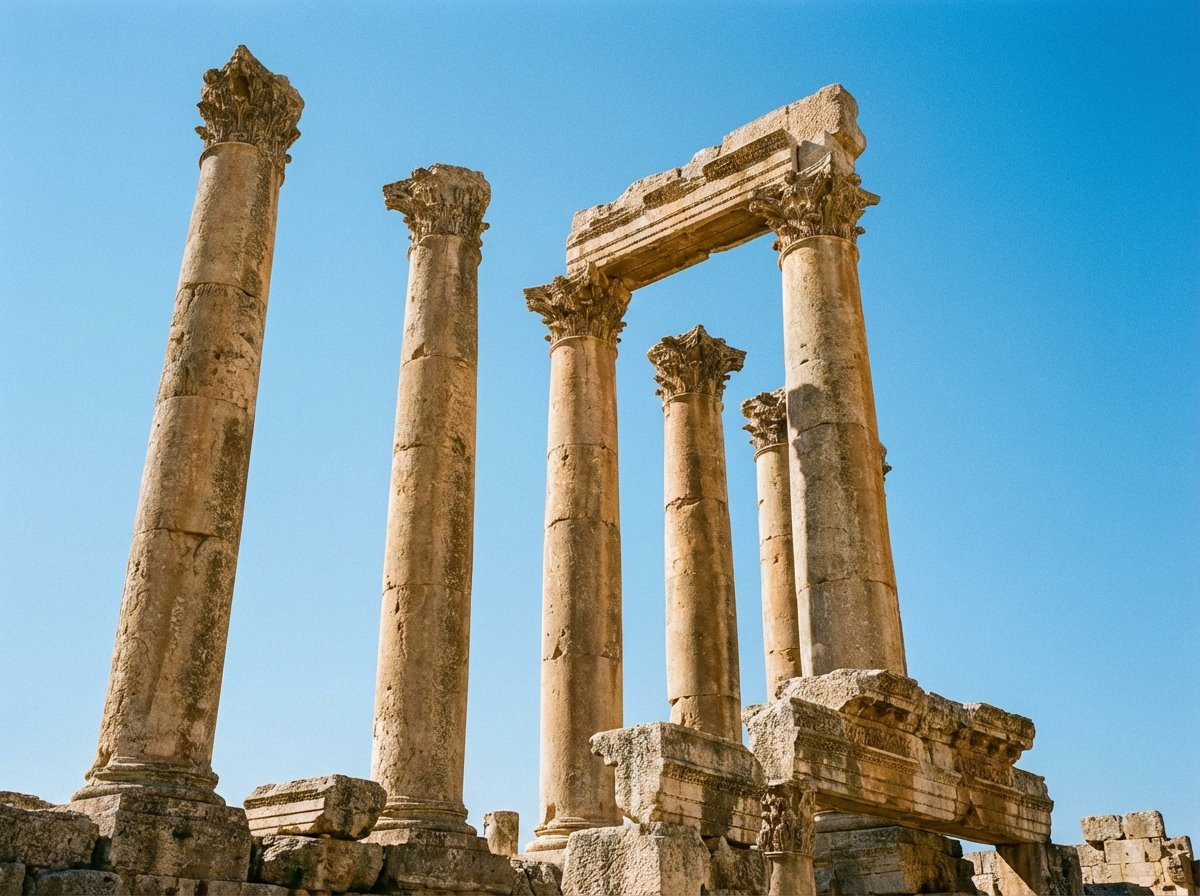 Six massive remaining columns of the Temple of Jupiter in Baalbek standing against a bright sky, ancient Roman architectural detail, stone textures, low angle shot, 4:3