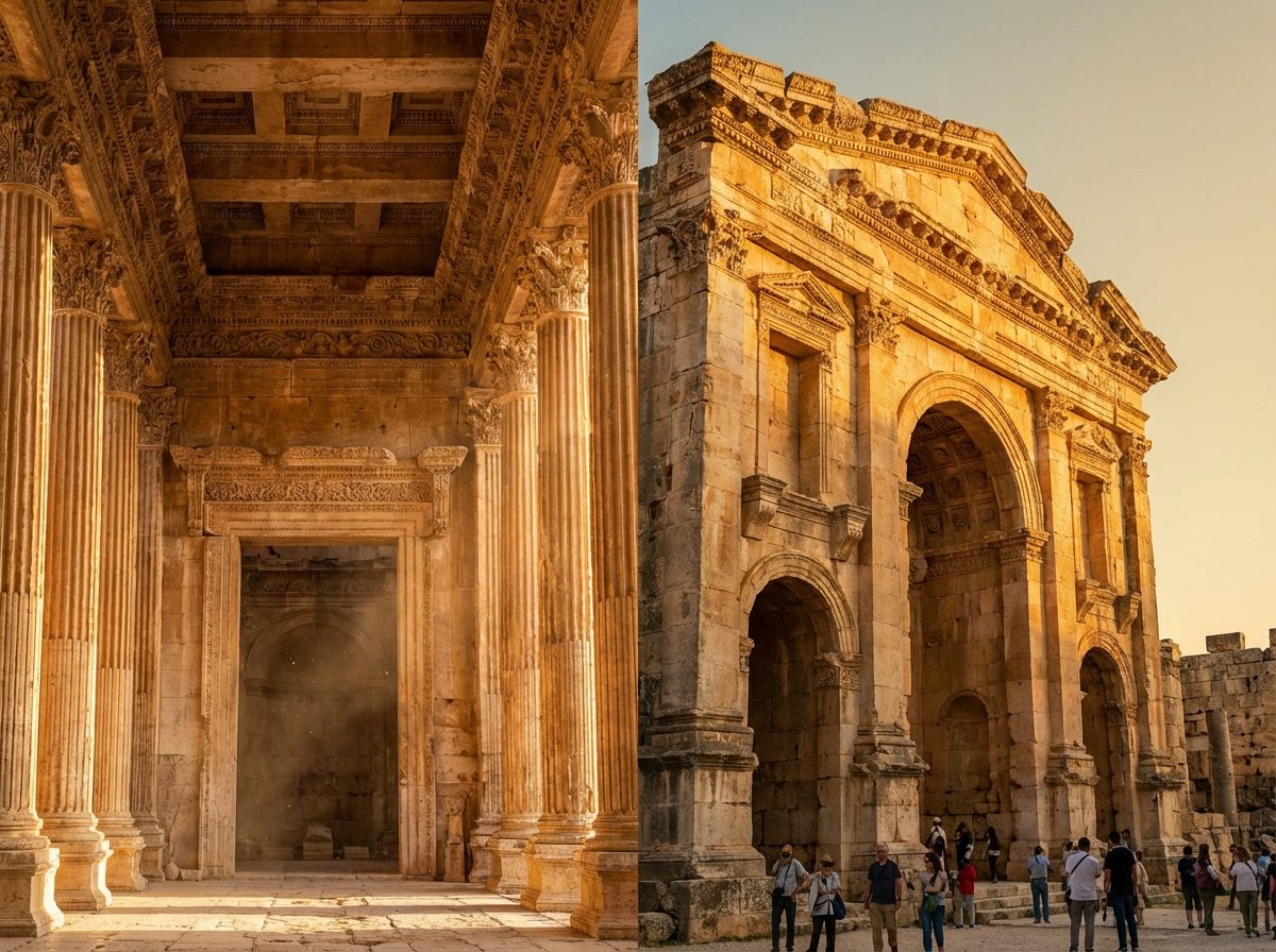The interior and facade of the Temple of Bacchus in Baalbek showing incredibly well-preserved Roman stone carvings and high walls, natural golden light, 4:3