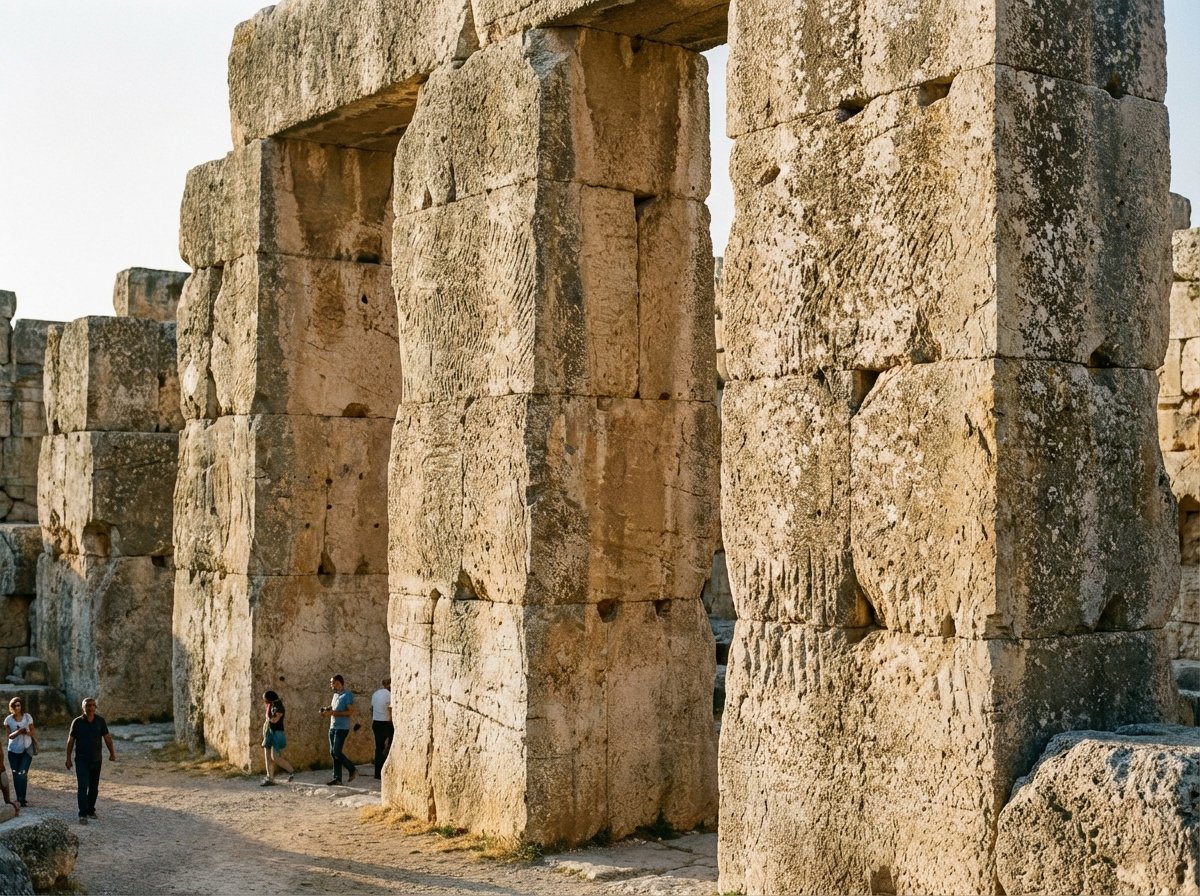 Close up of the massive stone blocks known as the Trilithon in the foundation of the Baalbek ruins, showing the scale compared to the ground, historical stone texture, 4:3