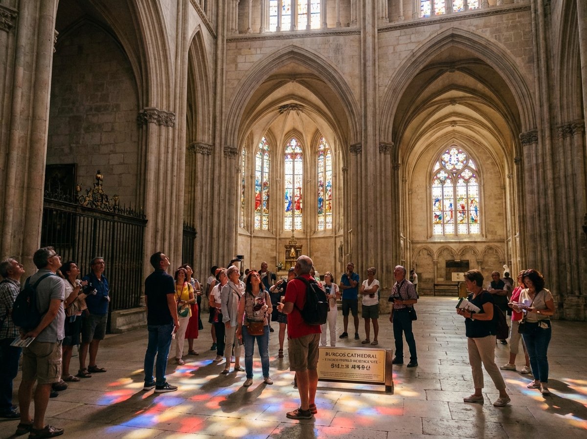 People admiring the majestic interior of Burgos Cathedral, high vaulted ceilings, stained glass windows reflecting colorful light, 유네스코 세계유산, realistic lifestyle photography, 4:3
