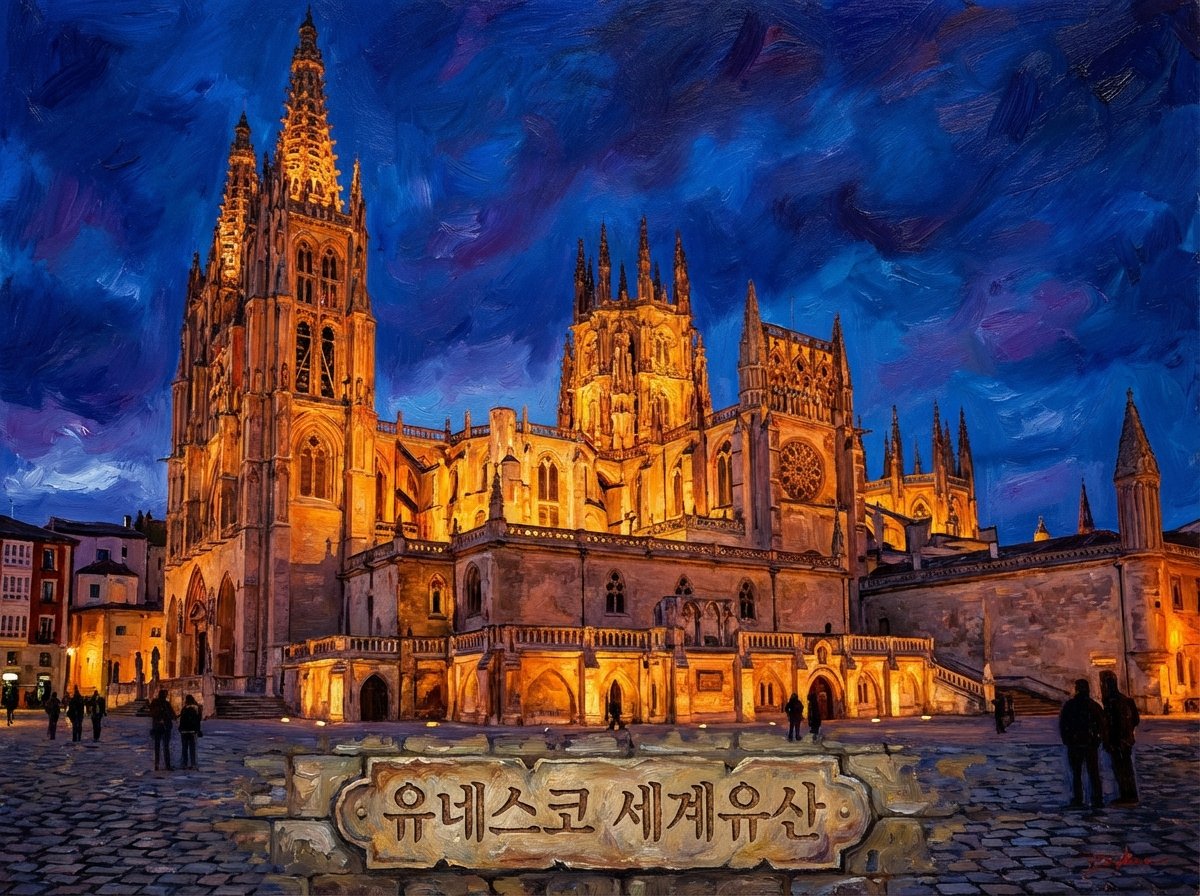 The illuminated Burgos Cathedral at night under a deep blue twilight sky, dramatic lighting highlighting the Gothic spires, 유네스코 세계유산, artistic rendering with textured background, 4:3