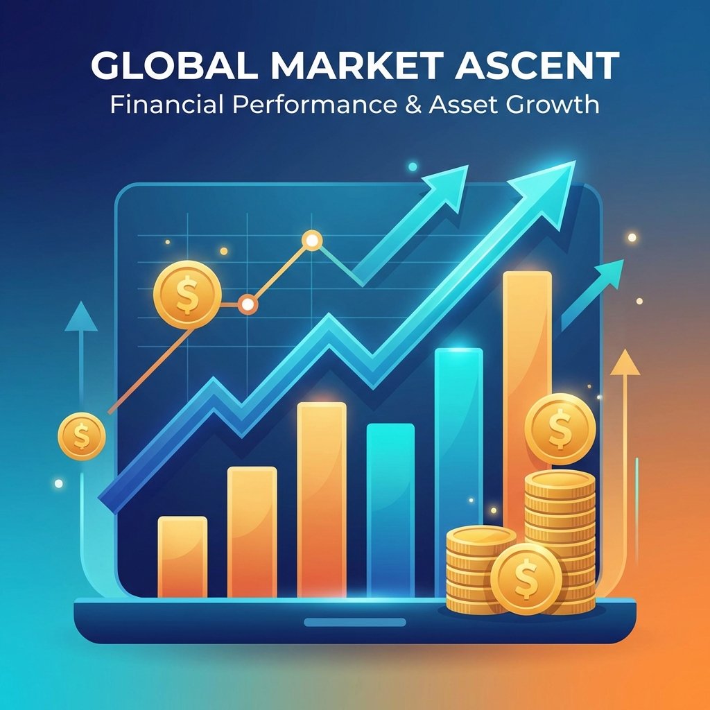 A modern infographic style illustration showing upward trending business charts and gold coins, blue and orange gradient background, clean professional layout, 1:1