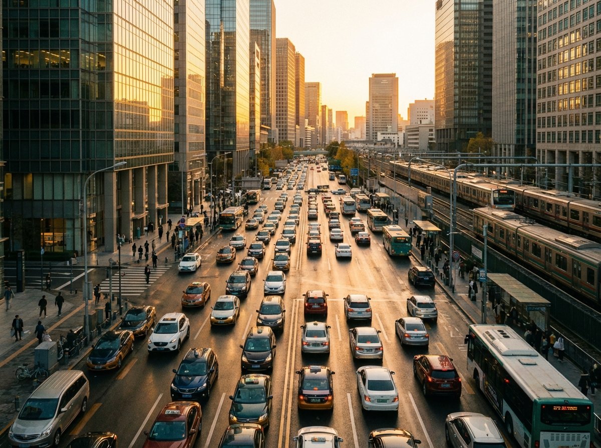 High angle lifestyle photography of multiple cars with Uber stickers driving through a modern cityscape at sunset, golden hour lighting, busy metropolitan atmosphere, 4:3