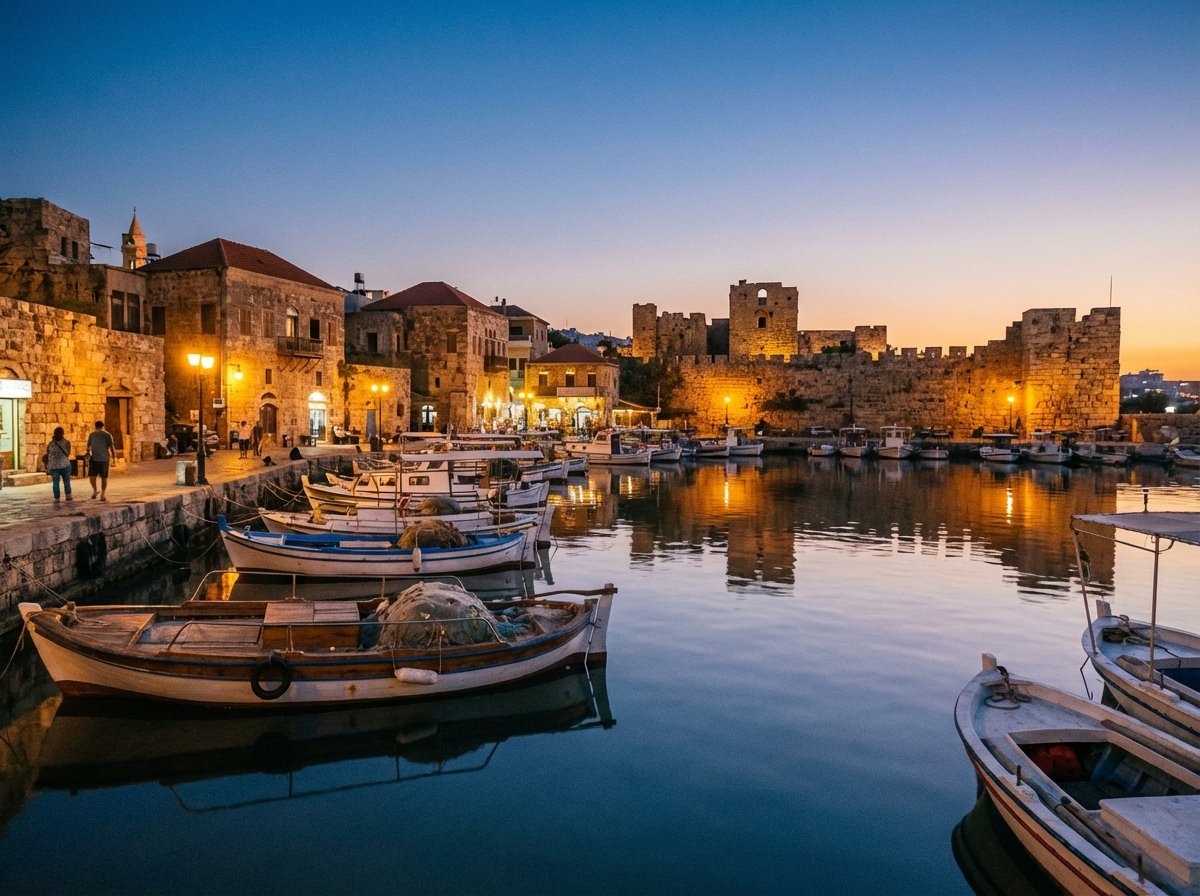 Peaceful view of the ancient Byblos fishing harbor at twilight, small boats docked in calm water, old stone buildings along the coast, soft ambient lighting, 4:3