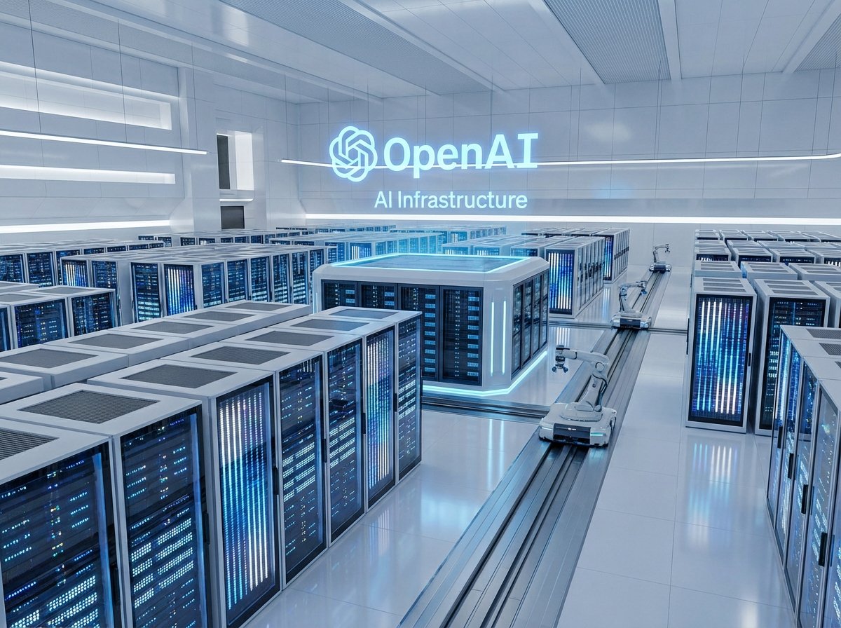 A futuristic and clean data center with glowing blue and white lights on server racks, representing advanced artificial intelligence infrastructure and OpenAI technology. 4:3