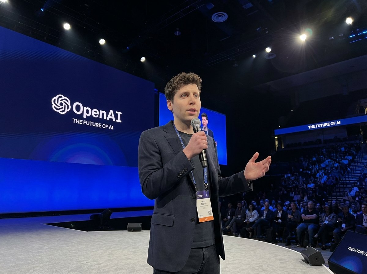 Sam Altman giving a presentation at a modern technology conference stage, professional lighting, realistic photography style, representing OpenAI leadership. 4:3