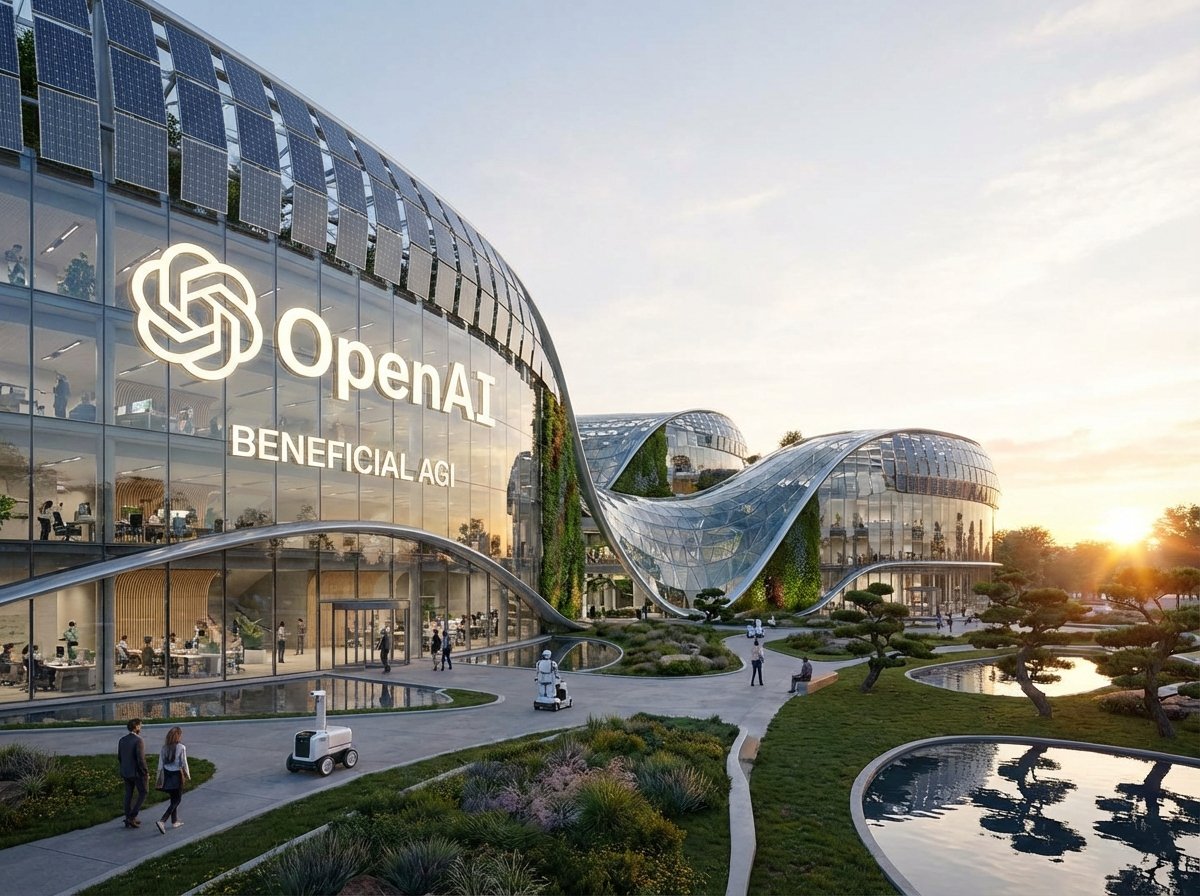 A modern and futuristic corporate building with glass walls and professional landscaping, representing a leading tech company like OpenAI. 4:3