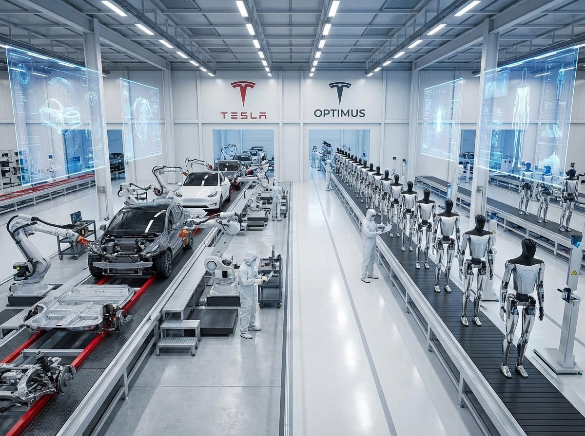 A futuristic manufacturing facility where electric vehicle production lines are being converted into assembly lines for humanoid robots, clean industrial aesthetic, high-tech atmosphere, Tesla, 4:3