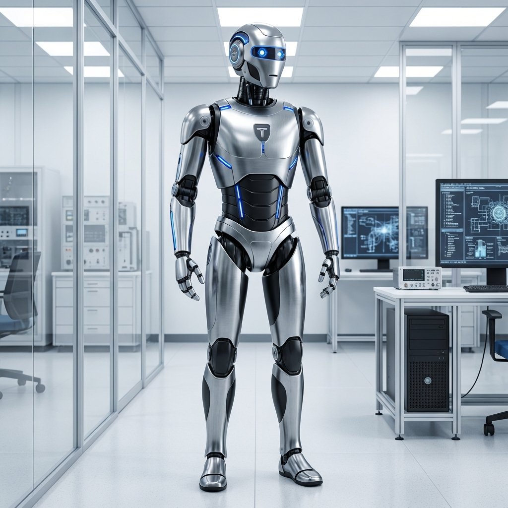 A sleek and intelligent humanoid robot standing in a modern research lab, metallic finish, bipedal design, Tesla Optimus style, 1:1