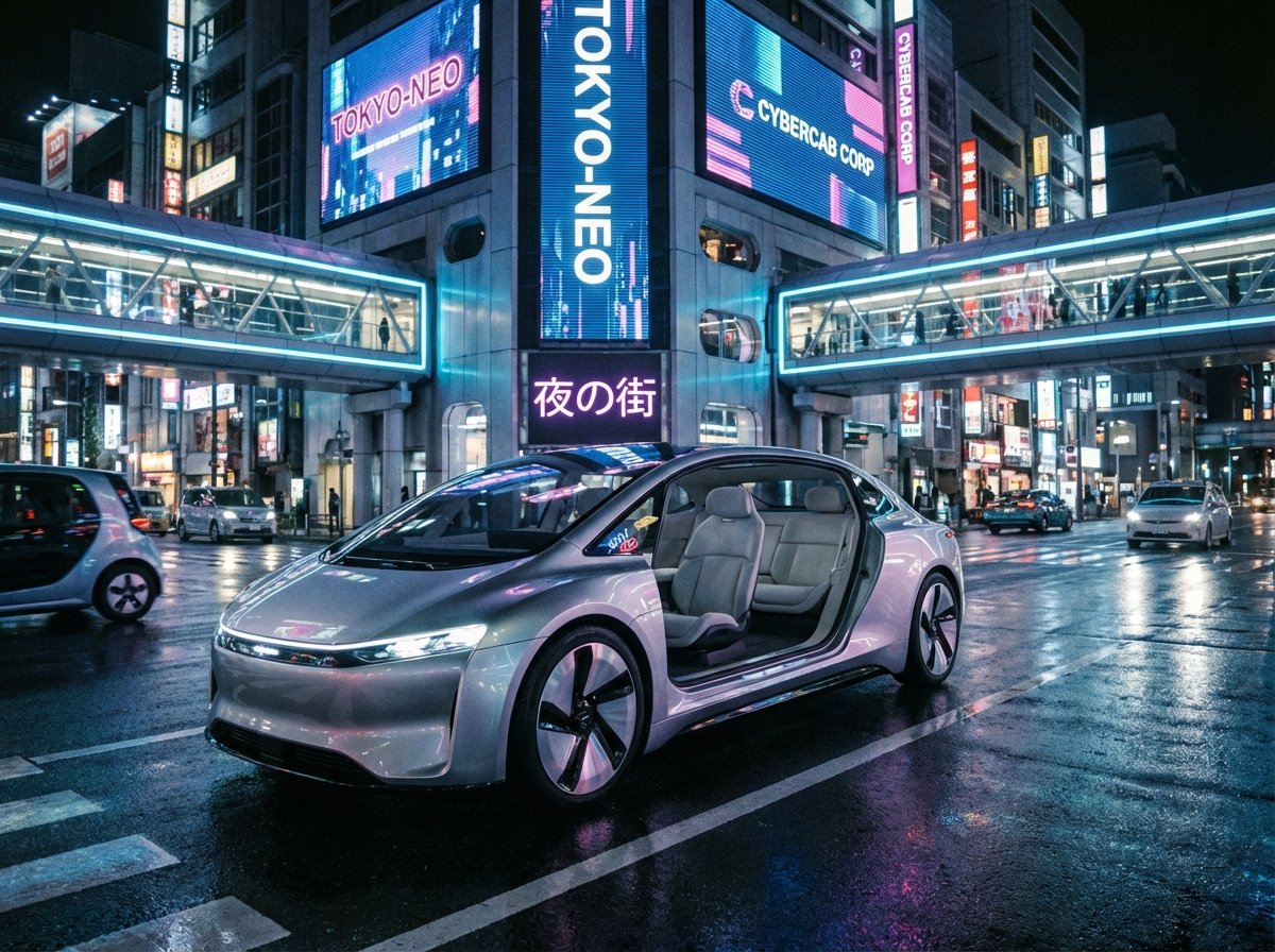 A futuristic driverless Cybercab cruising through a brightly lit modern city street at night, neon lights reflection, sleek silver exterior, no steering wheel visible, 4:3