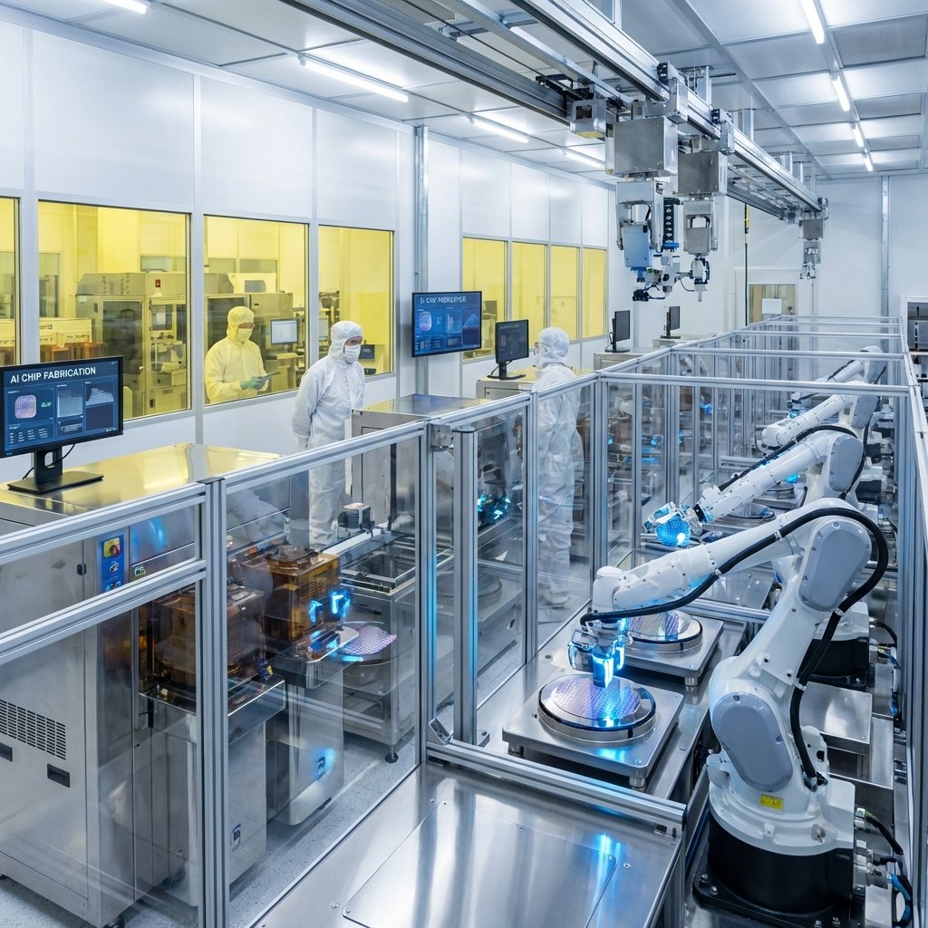 High-tech semiconductor fabrication plant interior, clean room environment, robotic arms handling silicon wafers, advanced AI chip manufacturing, 1:1