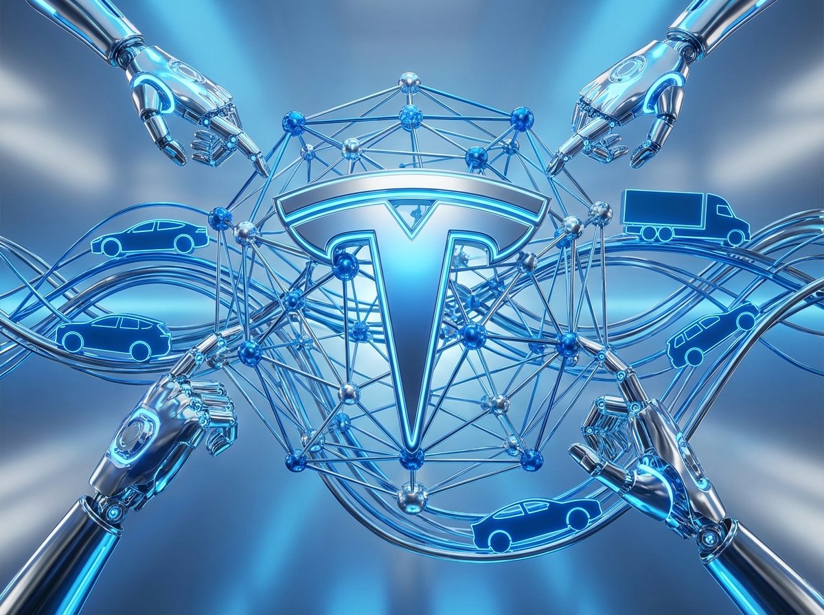 A conceptual 3D logo of Tesla surrounded by neural network patterns, robot hands, and autonomous vehicle silhouettes, blue and silver lighting, 4:3