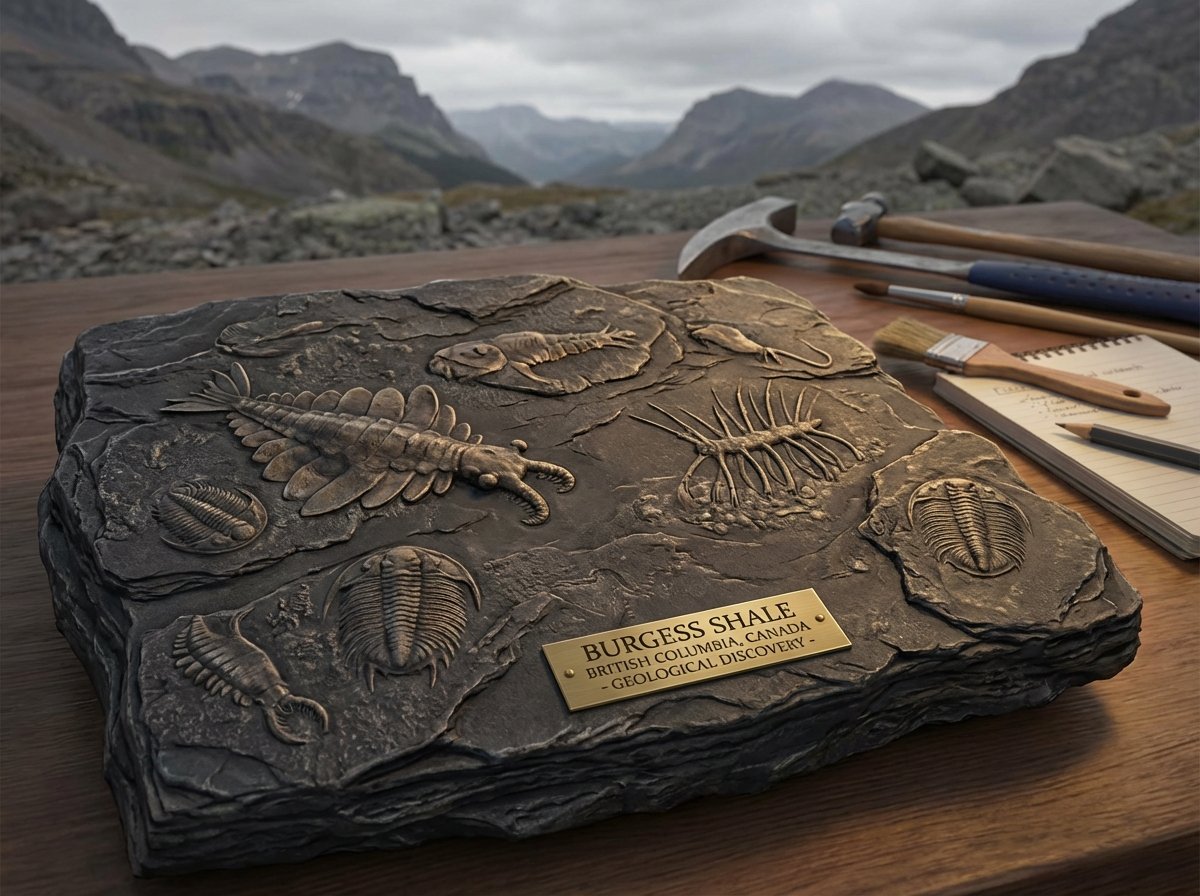 Realistic illustration of ancient marine fossils embedded in dark shale rock, Burgess Shale from Canadian Rockies, geological discovery, professional lighting, detailed texture, 4:3